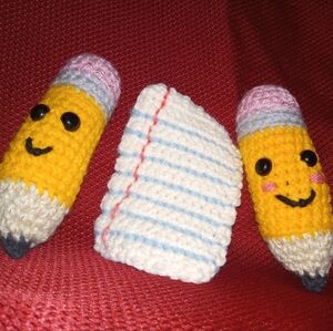 Crocheted Pencil and Eraser Set - Yellow and White